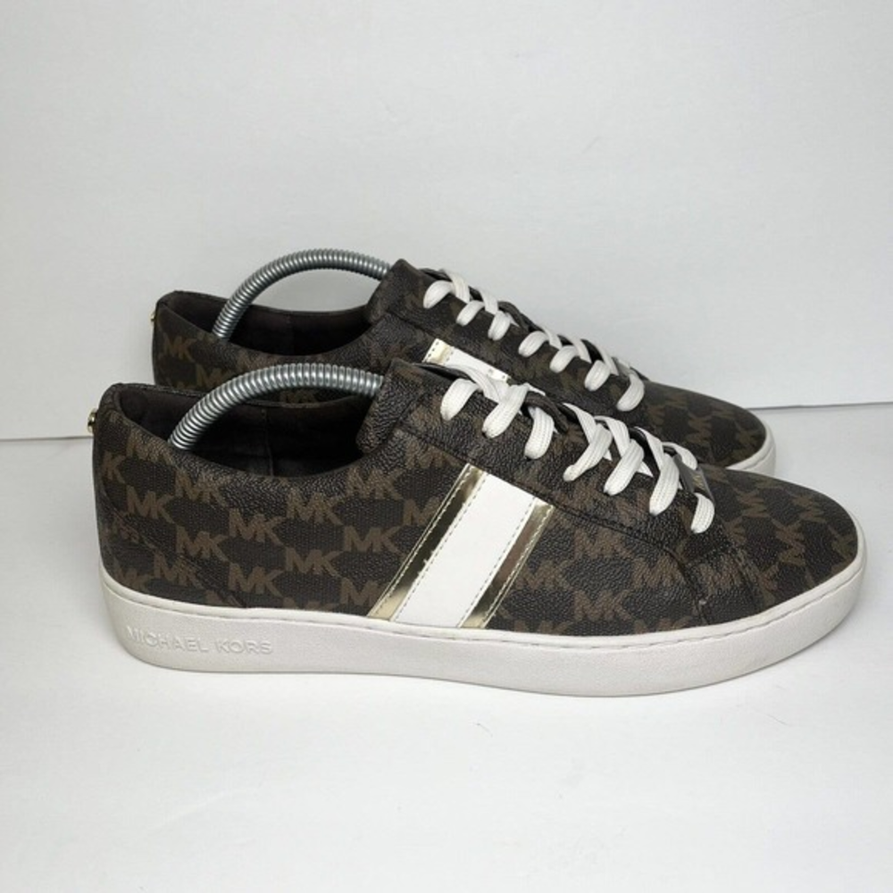 MICHAEL Michael Kors Women's Keaton‎ Lace-Up Sneaker Size 10 Logo Stripe brown